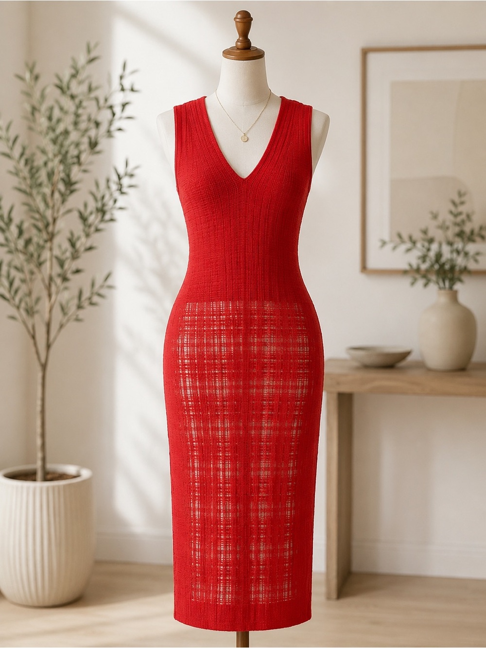 Narciso Rodriguez Coral/Grey Sleeveless V-Neck Light Knit Midi Dress